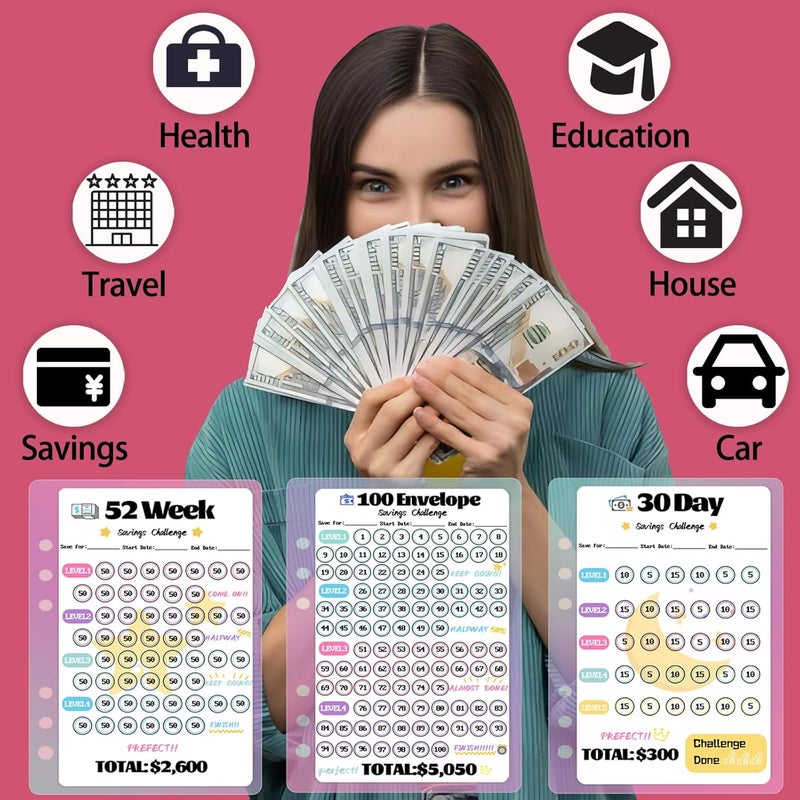 VAZOCA 2 Pack 100 Envelopes Money Saving Challenge, Cash Budget Planner A5 Binder, Savings Challenges Book Organizer Folder, with 3 Tracker to Save $5,050 and $2,600, $300, 100 Pre-numbered Pockets, Red & Pink - Image 3